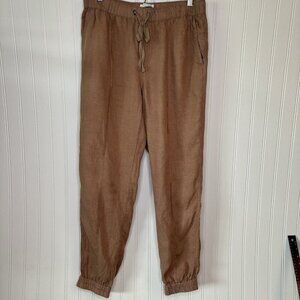 H by Halston Jogger Pants Med 100% Linen Pull On Elastic Drawstring Waist Tan